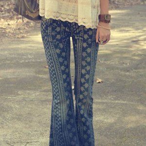 Free People Boho Striped Flowers Bali Flared Jeans - Final Markdown